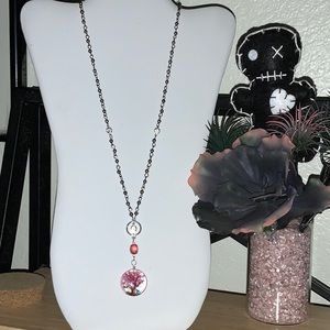 Pink Tree of Life Pendant, Ruby Star & Rhinestone Loop Charm Drop on Bead Chain